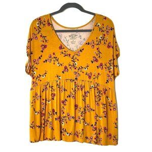 Torrid Super Soft Knit Top Womens size 3 V Neck Stretch Cap Sleeve Gold Floral
